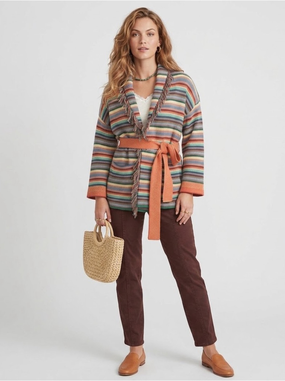 Marine Layer Boho Alamere Long Fringe Cardigan XS Multi Stripe